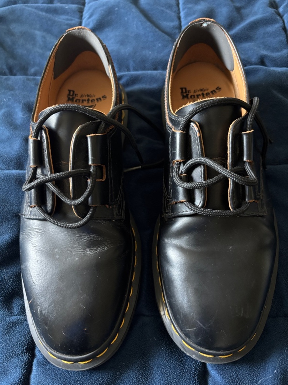 Dr. Martens Black Leather Derby Shoes with Yellow Stitching